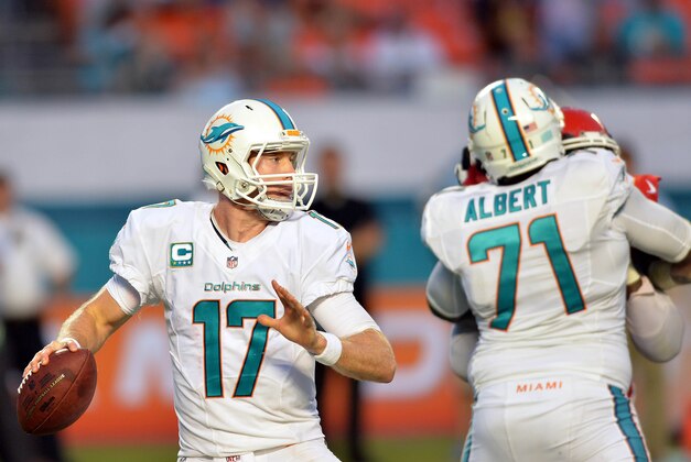 Sep 21, 2014; Miami Gardens, FL, USA; Miami Dolphins quarterback Ryan Tannehill (17) throws a pass against the Kansas City Chiefs during the second half at Sun Life Stadium. Chiefs won 34-15. Mandatory Credit: Steve Mitchell-USA TODAY Sports