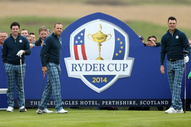 Europe’s Rory McIlroy, left, Sergio Garcia, center, and Martin Kaymer prepare to play off the 14th tee during a practice round ahead of the Ryder Cup golf tournament at Gleneagles, Scotland, Tuesday, Sept. 23, 2014. (AP Photo/Peter Morrison)