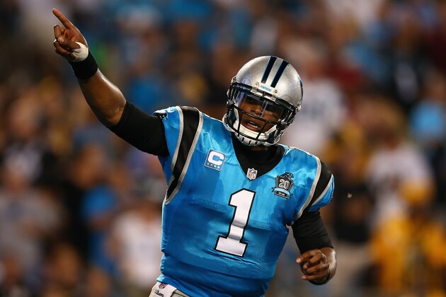 CHARLOTTE, NC - SEPTEMBER 21:  Cam Newton #1 of the Carolina Panthers celebrates a touchdown pass against the Pittsburgh Steelers in the 3rd quarter during the game at Bank of America Stadium on September 21, 2014 in Charlotte, North Carolina.  (Photo by Streeter Lecka/Getty Images)