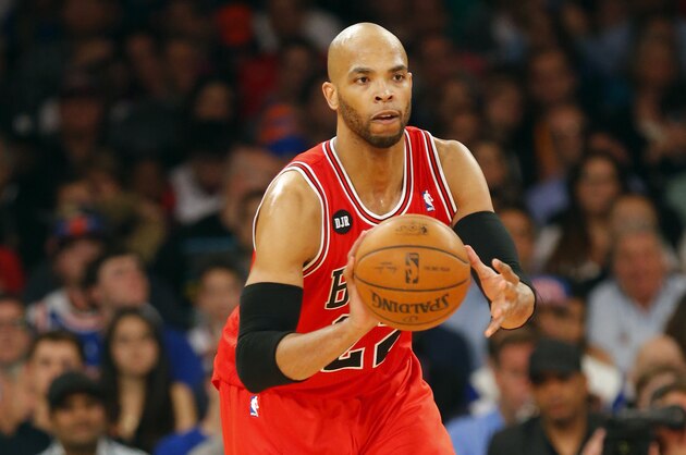 Apr 13, 2014; New York, NY, USA;  Chicago Bulls forward Taj Gibson (22) brings the ball up court during the first half against the New York Knicks at Madison Square Garden. Mandatory Credit: Jim O'Connor-USA TODAY Sports