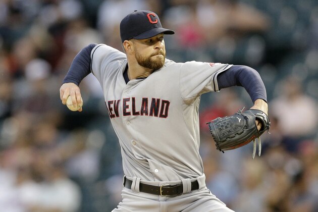 Cleveland Indians starter Corey Kluber throws against the Chicago White Sox during the first inning of a baseball game in Chicago, Wednesday, Aug. 27, 2014. (AP Photo/Nam Y. Huh)