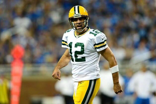Sep 21, 2014; Detroit, MI, USA; Green Bay Packers quarterback Aaron Rodgers (12) reacts after throwing an incomplete pass during the first quarter against the Detroit Lions at Ford Field. Mandatory Credit: Andrew Weber-USA TODAY Sports
