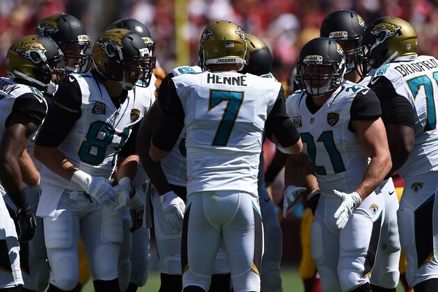 LANDOVER, MD - SEPTEMBER 14: Quarterback Chad Henne #7 of the Jacksonville Jaguars huddles up with his offense as they play the Washington Redskins at FedExField on September 14, 2014 in Landover, Maryland. The Washington Redskins won, 41-10. (Photo by Patrick Smith/Getty Images)