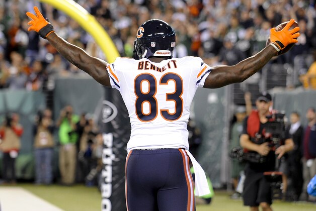 Martellus Bennett, tight end de los Bears de Chicago, festeja luego de anotar frente a los Jets de Nueva York, el lunes 22 de septiembre de 2014 en East Rutherford, Nueva Jersey (AP Foto/Bill Kostroun)