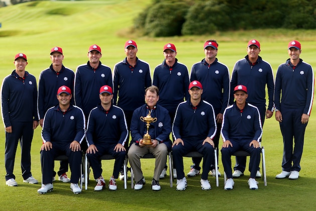 AUCHTERARDER, SCOTLAND - SEPTEMBER 23:  (Back row L-R) Hunter Mahan, Jim Furyk, Keegan Bradley, Matt Kuchar, Jimmy Walker, Bubba Watson, Phil Mickelson, Webb Simpson, (front row L-R) Patrick Reed, Zach Johnson, Tom Watson, Captain of the United States, Jordan Spieth and Rickie Fowler pose during the USA team photocall ahead of the 2014 Ryder Cup on the PGA Centenary course at the Gleneagles Hotel on September 23, 2014 in Auchterarder, Scotland.  (Photo by Mike Ehrmann/Getty Images)