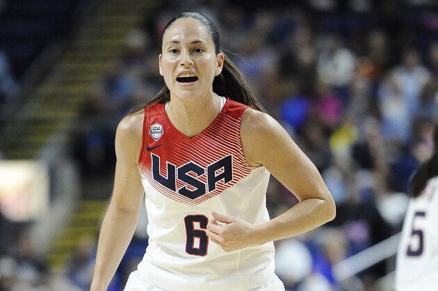 USA’s Sue Bird calls to her team during the second half of a women's exhibition basketball game, Monday, Sept. 15, 2014, in Bridgeport, Conn. USA defeated Canada 76-51. (AP Photo/Jessica Hill)