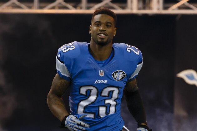 Detroit Lions cornerback Darius Slay (23) during player introductions before an NFL football game against the Green Bay Packers at Ford Field in Detroit, Sunday, Sept. 21, 2014. (AP Photo/Rick Osentoski)