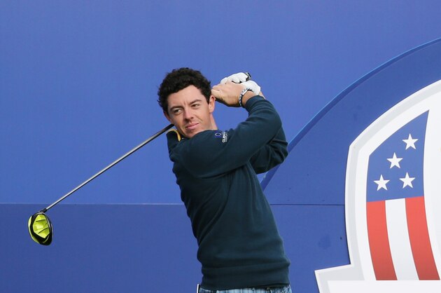 Europe’s Rory McIlroy prepares to play off the 1st tee during a practice round ahead of the Ryder Cup golf tournament at Gleneagles, Scotland, Tuesday, Sept. 23, 2014. (AP Photo/Scott Heppell)