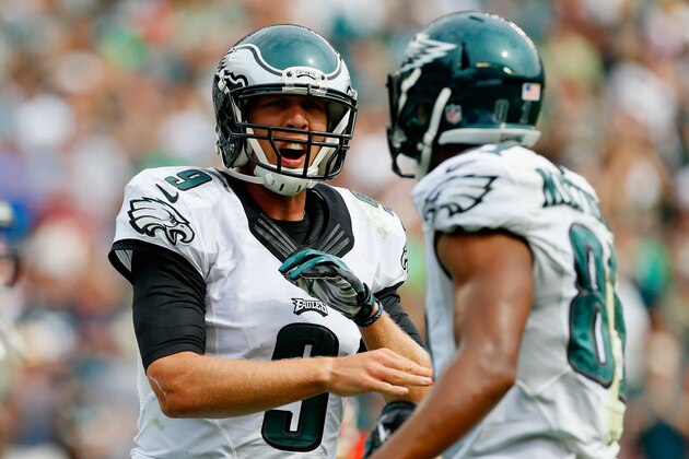 PHILADELPHIA, PA - SEPTEMBER 21: Jordan Matthews #81 of the Philadelphia Eagles celebrates his touchdown late in the second quarter with teammate quarterback Nick Foles #9 against the Washington Redskins at Lincoln Financial Field on September 21, 2014 in Philadelphia, Pennsylvania. (Photo by Rich Schultz/Getty Images) PHILADELPHIA, PA - SEPTEMBER 21: Jordan Matthews #81 of the Philadelphia Eagles celebrates his touchdown late in the second quarter with teammate quarterback Nick Foles #9 against the Washington Redskins at Lincoln Financial Field on September 21, 2014 in Philadelphia, Pennsylvania. (Photo by Rich Schultz/Getty Images)