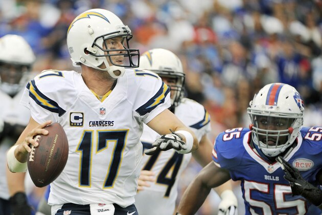 San Diego quarterback Philip Rivers (17) looks to throw downfield under pressure from Buffalo Bills defensive end Jerry Hughes (55) during the second half of an NFL football game Sunday, Sept. 21, 2014, in Orchard Park, N.Y. (AP Photo/Gary Wiepert) San Diego quarterback Philip Rivers (17) looks to throw downfield under pressure from Buffalo Bills defensive end Jerry Hughes (55) during the second half of an NFL football game Sunday, Sept. 21, 2014, in Orchard Park, N.Y. (AP Photo/Gary Wiepert)