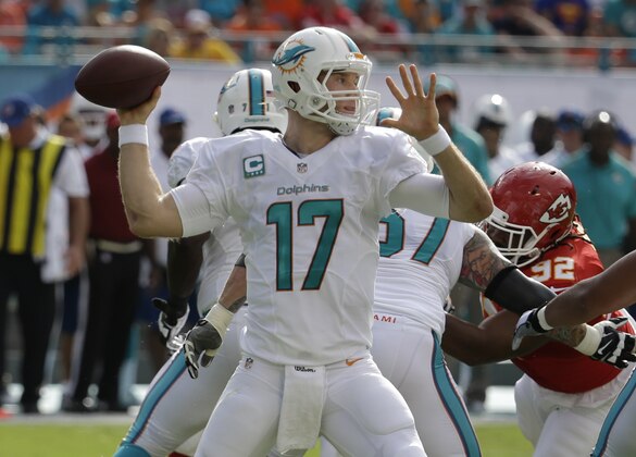 Miami Dolphins quarterback Ryan Tannehill (17) looks to pass during the first half of an NFL football game against the Kansas City Chiefs, Sunday, Sept. 21, 2014, in Miami Gardens, Fla. (AP Photo/Lynne Sladky)