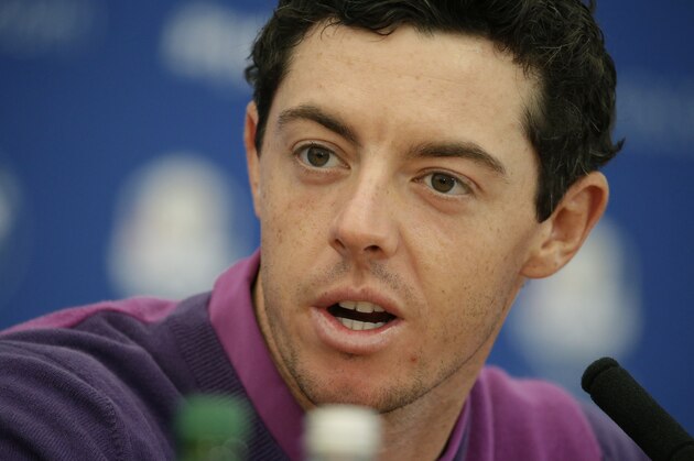 Europe’s Rory McIlroy speaks during a press conference ahead of the Ryder Cup golf tournament at Gleneagles, Scotland, Wednesday, Sept. 24, 2014. (AP Photo/Matt Dunham)