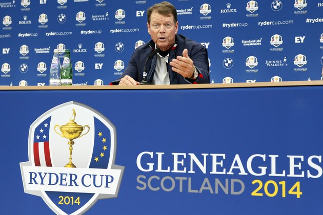 US team captain Tom Watson gestures during a press conference ahead of the Ryder Cup golf tournament at Gleneagles, Scotland, Tuesday, Sept. 23, 2014. (AP Photo/Alastair Grant)