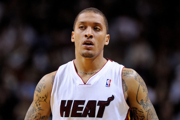 Jan 7, 2014; Miami, FL, USA; Miami Heat small forward Michael Beasley (8) looks on during the second half against the New Orleans Pelicans at American Airlines Arena. The Heat won 107-88. Mandatory Credit: Steve Mitchell-USA TODAY Sports