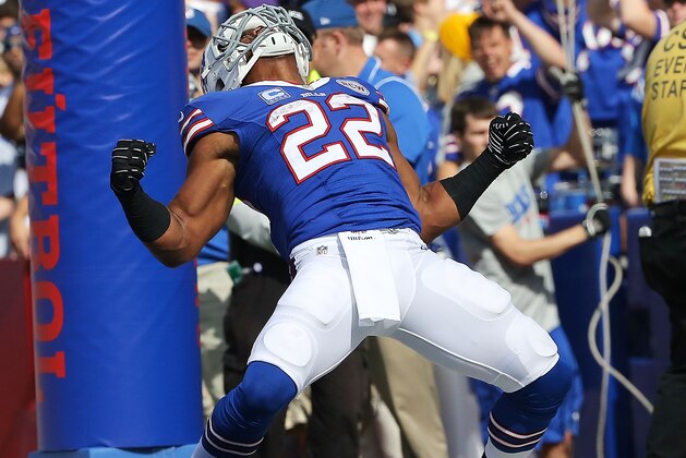 ORCHARD PARK, NY - SEPTEMBER 21:   Fred Jackson #22 of the Buffalo Bills celebrates a touchdown against the San Diego Chargers during the second half at Ralph Wilson Stadium on September 21, 2014 in Orchard Park, New York.  (Photo by Tom Szczerbowski/Getty Images)