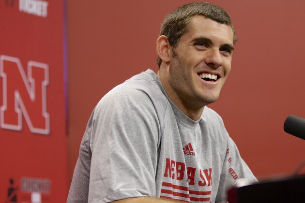 Nebraska quarterback Taylor Martinez speaks at a news confernece in Lincoln, Neb., Monday, Aug. 26, 2013. No. 18 Nebraska's young defense will be tested right away when Wyoming brings its spread offense to Memorial Stadium for the opener. The Cornhuskers, with one returning starter in their first seven, will face one of the nation's top returning passers in Brett Smith. (AP Photo/Nati Harnik)