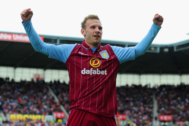 STOKE ON TRENT, ENGLAND - AUGUST 16:  Andreas Weimann of Aston Villa celebrates scoring the opening goal during the Barclays Premier League match between Stoke City and Aston Villa at Britannia Stadium on August 16, 2014 in Stoke on Trent, England.  (Photo by Chris Brunskill/Getty Images)