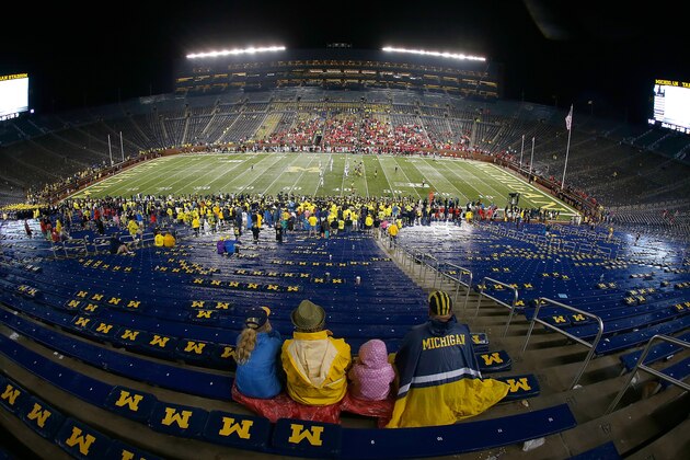 ANN ARBOR, MI - SEPTEMBER 20:  General view of Michigan Stadium while the Utah Utes and Michigan Wolverines finish a game after a 2 hour 24 minute weather delay on September 20, 2014 at Michigan Stadium in Ann Arbor, Michigan.  (Photo by Gregory Shamus/Getty Images)