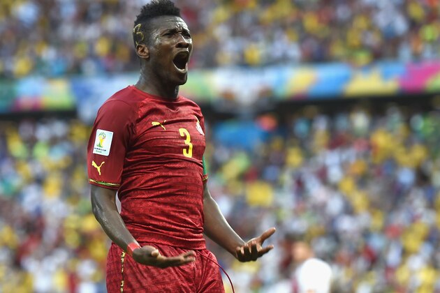 FORTALEZA, BRAZIL - JUNE 21:  Asamoah Gyan of Ghana celebrates scoring his team's second goal during the 2014 FIFA World Cup Brazil Group G match between Germany and Ghana at Castelao on June 21, 2014 in Fortaleza, Brazil.  (Photo by Laurence Griffiths/Getty Images)