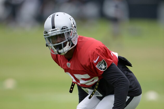 Jul 30, 2013; Napa, CA, USA; Oakland Raiders cornerback D.J. Hayden (25) wears a red non contact jersey at training camp at Napa Valley Marriott. Mandatory Credit: Kirby Lee-USA TODAY Sports