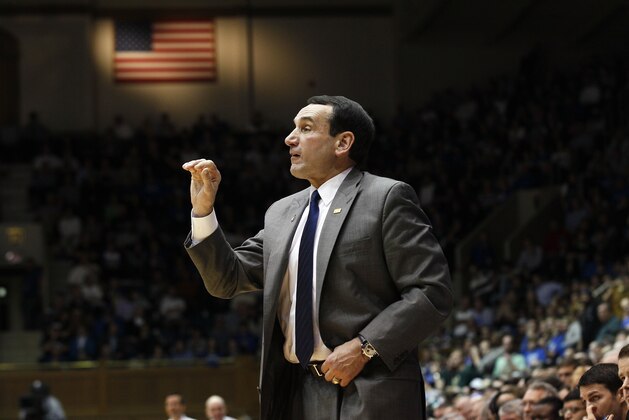 Duke coach Mike Krzyzewski directs the Blue Devils against Colorado State during the second half of an NCAA college basketball game in Durham, N.C., Wednesday, Dec. 7, 2011. Duke won 87-64. (AP Photo/Gerry Broome)