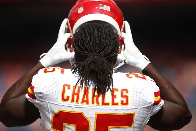 Sep 14, 2014; Denver, CO, USA; Kansas City Chiefs running back Jamaal Charles (25) before the game against the Denver Broncos at Sports Authority Field at Mile High. Mandatory Credit: Chris Humphreys-USA TODAY Sports