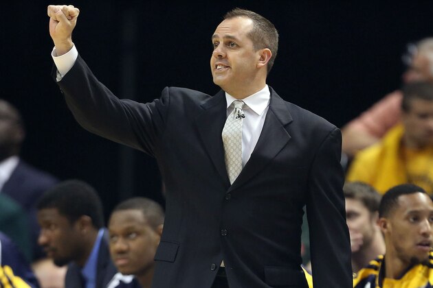 May 28, 2014; Indianapolis, IN, USA; Indiana Pacers head coach Frank Vogel reacts during the first quarter in game five against the Miami Heat of the Eastern Conference Finals of the 2014 NBA Playoffs at Bankers Life Fieldhouse. Mandatory Credit: Brian Spurlock-USA TODAY Sports
