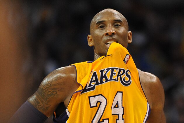 Dec 13, 2013; Oklahoma City, OK, USA; Los Angeles Lakers shooting guard Kobe Bryant (24) reacts to a play in action against the Oklahoma City Thunder at Chesapeake Energy Arena. The Thunders won 122-97. Mandatory Credit: Mark D. Smith-USA TODAY Sports