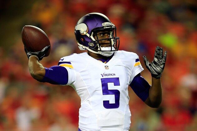 KANSAS CITY, MO - AUGUST 23:  Teddy Bridgewater #5 of the Minnesota Vikings in action during the preseason game against the Kansas City Chiefs at Arrowhead Stadium on August 23, 2014 in Kansas City, Missouri.  (Photo by Jamie Squire/Getty Images)