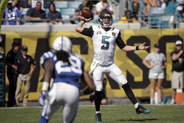 Jacksonville Jaguars quarterback Blake Bortles (5) pass against the Indianapolis Colts during the second half of an NFL football game in Jacksonville, Fla., Sunday, Sept. 21, 2014. The Colts beat the Jaguars 44-17.  (AP Photo/Stephen B. Morton)