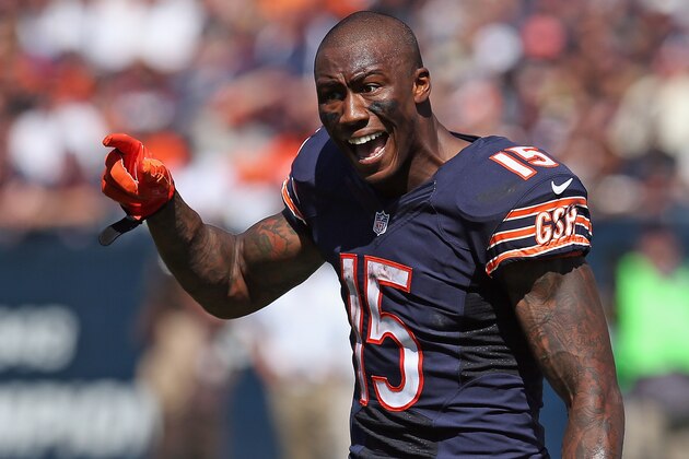 CHICAGO, IL - SEPTEMBER 07:  Brandon Marshall #15 of the Chicago Bears questions an incomplete pass call at the end of the third quarter of their game against the Buffalo Bills at Soldier Field on September 7, 2014 in Chicago, Illinois.The call was challenged and overturned for a complete pass.  (Photo by Jonathan Daniel/Getty Images)