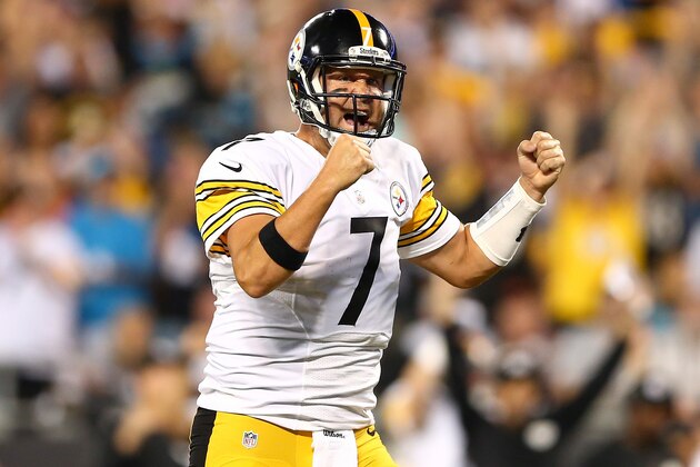 CHARLOTTE, NC - SEPTEMBER 21:   Ben Roethlisberger #7 of the Pittsburgh Steelers reacts after a touchdown in the first half during the game against the Carolina Panthers at Bank of America Stadium on September 21, 2014 in Charlotte, North Carolina. The touchdown was later overturned. (Photo by Streeter Lecka/Getty Images)