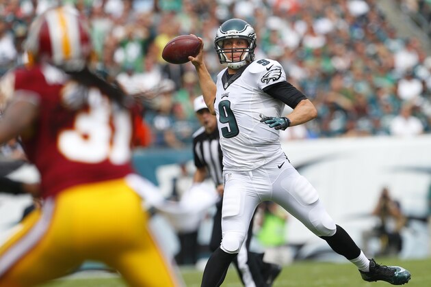 PHILADELPHIA, PA - SEPTEMBER 21: Nick Foles #9 of the Philadelphia Eagles looks to pass during the first half against the Washington Redskins in a football game at Lincoln Financial Field on September 21, 2014 in Philadelphia, Pennsylvania. (Photo by Rich Schultz /Getty Images)