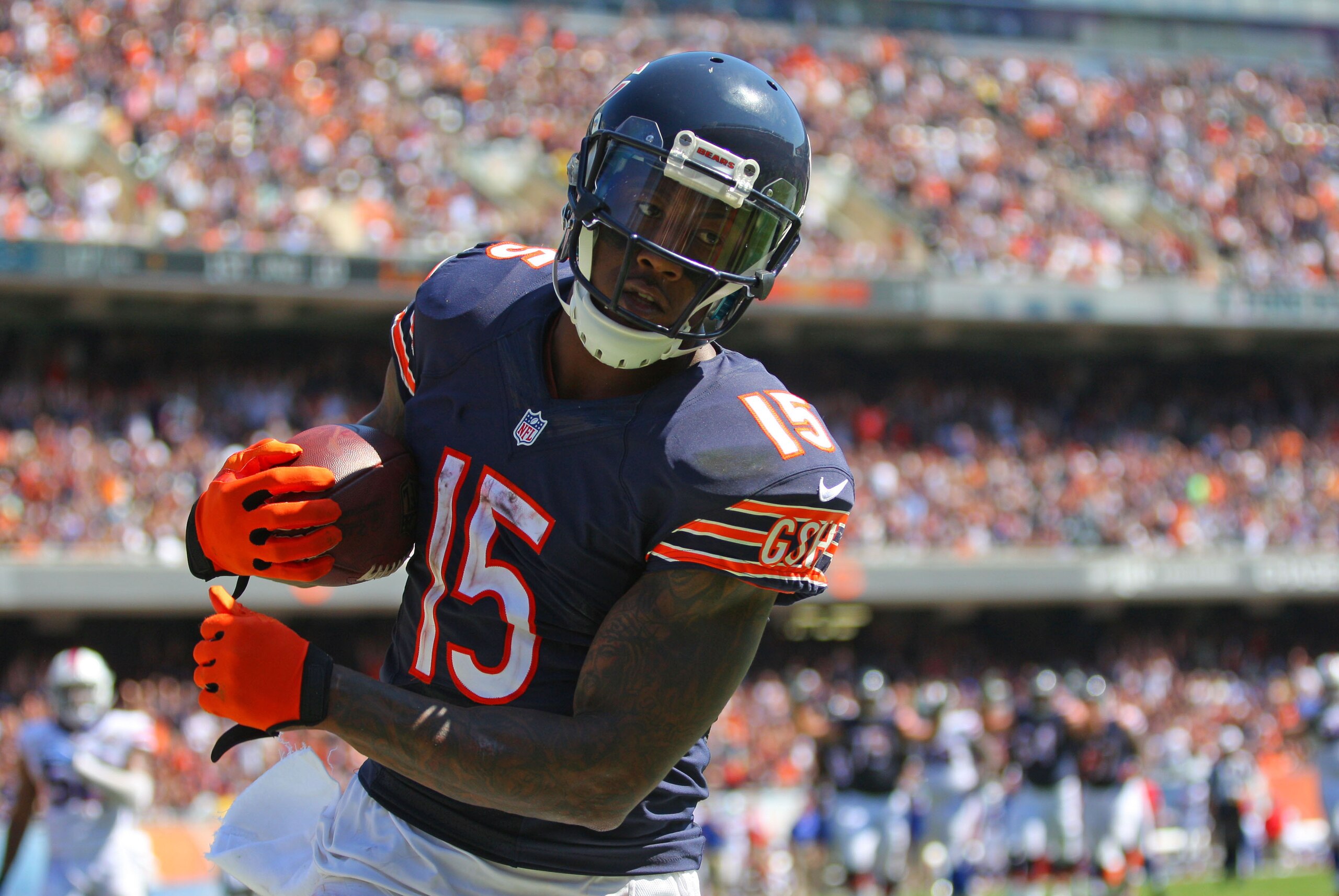 Sep 7, 2014; Chicago, IL, USA; Chicago Bears wide receiver Brandon Marshall (15) catches a touchdown pass during the second half against the Buffalo Bills at Soldier Field. Buffalo won 23-20 in overtime. Mandatory Credit: Dennis Wierzbicki-USA TODAY Sports