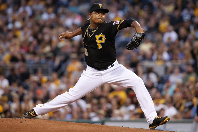 Pittsburgh Pirates' Edinson Volquez delivers during the first inning of a baseball game against the Milwaukee Brewers in Pittsburgh Saturday, Sept. 20, 2014. (AP Photo/Gene J. Puskar)