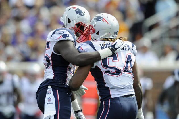 MINNEAPOLIS, MN - SEPTEMBER 14: Chandler Jones #95 and Dont'a Hightower #54 of the New England Patriots celebrate a sack of Matt Cassel #16 of the Minnesota Vikings during the third quarter of the game on September 14, 2014 at TCF Bank Stadium in Minneapolis, Minnesota. The Patriots defeated the Vikings 30-7. (Photo by Hannah Foslien/Getty Images)