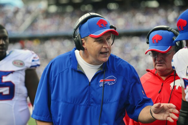 Buffalo Bills head coach Doug Marrone talks to players on the sidelines during the second half of an NFL football game against the Miami Dolphins on Sunday, Sept. 14, 2014, in Orchard Park, N.Y. (AP Photo/Gary Wiepert)