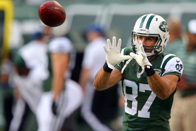 Aug 7, 2014; East Rutherford, NJ, USA; New York Jets wide receiver Eric Decker (87) makes a catch during warmups before the start of a game against the Indianapolis Colts at MetLife Stadium. Mandatory Credit: Brad Penner-USA TODAY Sports