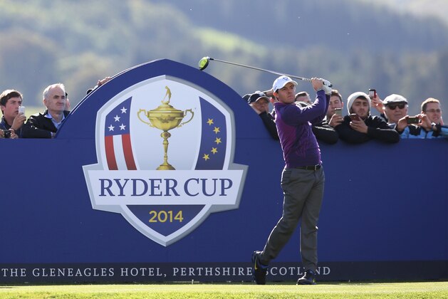 Europe’s Rory McIlroy watches his shot off the 12th tee during a practice round ahead of the Ryder Cup golf tournament at Gleneagles, Scotland, Wednesday, Sept. 24, 2014. (AP Photo/Peter Morrison)