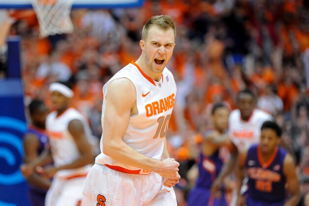 Feb 9, 2014; Syracuse, NY, USA; Syracuse Orange guard Trevor Cooney (10) reacts to a made basket against the Clemson Tigers during the second half at the Carrier Dome.  Syracuse defeated Clemson 57-44.  Mandatory Credit: Rich Barnes-USA TODAY Sports