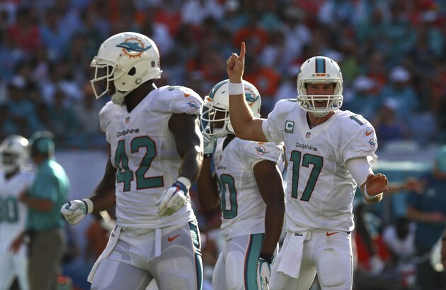 MIAMI GARDENS, FL - SEPTEMBER 21:  Quarterback Ryan Tannehill #17 of the Miami Dolphins reacts between plays against the Kansas City Chiefs during their game at Sun Life Stadium on September 21, 2014 in Miami Gardens, Florida. At left is the Dolphins' Charles Clay #42.   (Photo by Ronald Martinez/Getty Images)