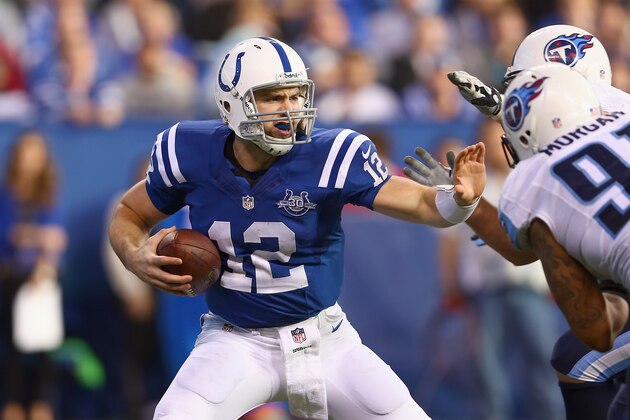 INDIANAPOLIS, IN - DECEMBER 01:  Andrew Luck #12  of the Indianapolis Colts runs with the ball during the NFL game against the Tennessee Titans at Lucas Oil Stadium on December 1, 2013 in Indianapolis, Indiana.  (Photo by Andy Lyons/Getty Images)