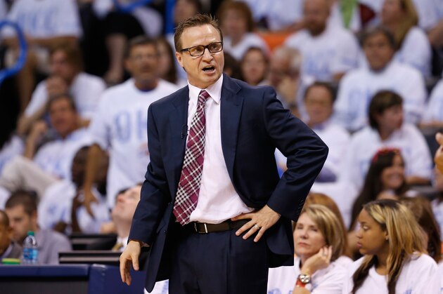 OKLAHOMA CITY, OK - MAY 31:  Oklahoma City Thunder head coach Scott Brooks waits on the court in the second half against the San Antonio Spurs during Game Six of the Western Conference Finals of the 2014 NBA Playoffs at Chesapeake Energy Arena on May 31, 2014 in Oklahoma City, Oklahoma. NOTE TO USER: User expressly acknowledges and agrees that, by downloading and or using this photograph, User is consenting to the terms and conditions of the Getty Images License Agreement.  (Photo by Ronald Martinez/Getty Images)