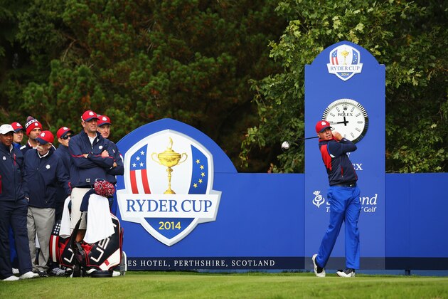 AUCHTERARDER, SCOTLAND - SEPTEMBER 25: Matt Kuchar of the United States tees off during practice ahead of the 2014 Ryder Cup on the PGA Centenary course at the Gleneagles Hotel on September 25, 2014 in Auchterarder, Scotland.  (Photo by Mike Ehrmann/Getty Images)