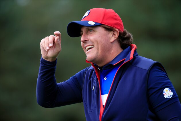 AUCHTERARDER, SCOTLAND - SEPTEMBER 25:  Phil Mickelson of the United States looks on during practice ahead of the 2014 Ryder Cup on the PGA Centenary course at the Gleneagles Hotel on September 25, 2014 in Auchterarder, Scotland.  (Photo by Jamie Squire/Getty Images)