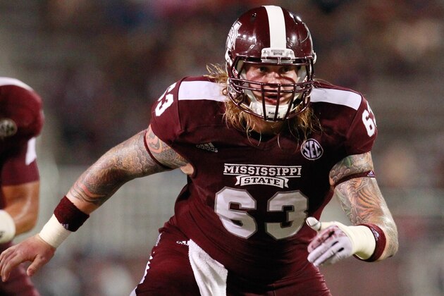 Oct 12, 2013; Starkville, MS, USA; Mississippi State Bulldogs offensive lineman Dillon Day during the game against the Bowling Green Falcons at Davis Wade Stadium. The Bulldogs defeated the Falcons 21-20. Mandatory Credit: Marvin Gentry-USA TODAY Sports