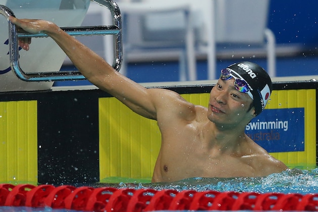 GOLD COAST, AUSTRALIA - AUGUST 21:  Ryosuke Irie of Japan celebrates winning the Men's 100m Backstroke final during day one of the 2014 Pan Pacific Championships at Gold Coast Aquatics on August 21, 2014 in Gold Coast, Australia.  (Photo by Chris Hyde/Getty Images)