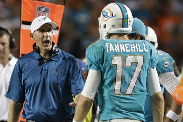 Miami Dolphins head coach Joe Philbin speaks to quarterback Ryan Tannehill (17) during the first half of an NFL football game against the Cincinnati Bengals, Thursday, Oct. 31, 2013, in Miami Gardens, Fla. (AP Photo/Wilfredo Lee)