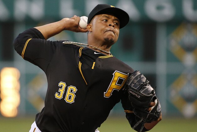 Pittsburgh Pirates' Edinson Volquez warms up before the first inning of a baseball game against the Milwaukee Brewers in Pittsburgh Saturday, Sept. 20, 2014. (AP Photo/Gene J. Puskar)