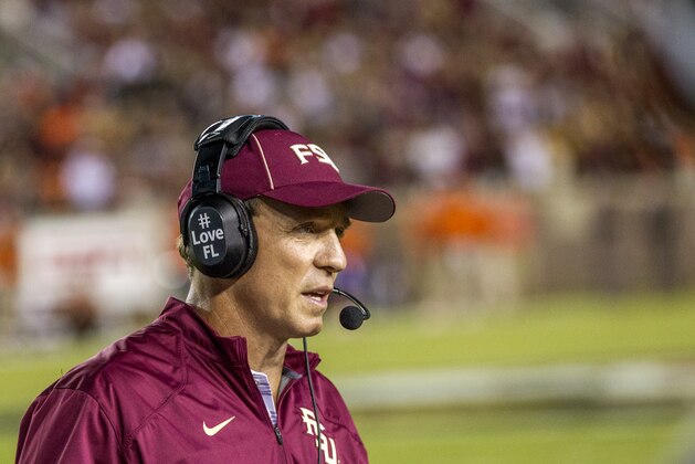 Florida State head coach Jimbo Fisher in the second half of an NCAA college football game against Clemson in Tallahassee, Fla., Saturday, Sept. 20, 2014.  Florida State defeated Clemson 23-17 in overtime.  (AP Photo/Mark Wallheiser)